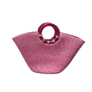 Betmar New York Purple Straw Fan Tote Bag Resin Ring Handles Boho Coastal Summer